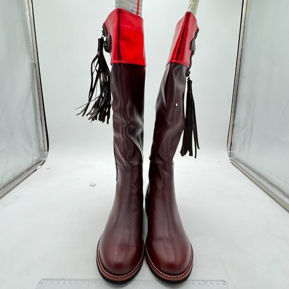 Wine Tassels Fashion Riding Knee High Long Boots Round Toe Low Chunky Heels Shoe